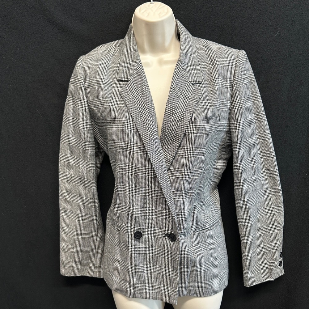 Vintage Sasson Glen Plaid Double Breasted Blazer Black White Size 10/11